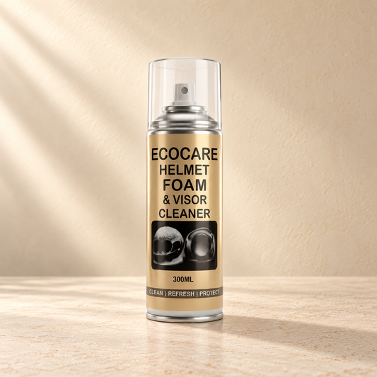 EcoCare 2-in-1 Helmet Foam & Visor Cleaner - 300 ml on a warm neutral studio background
