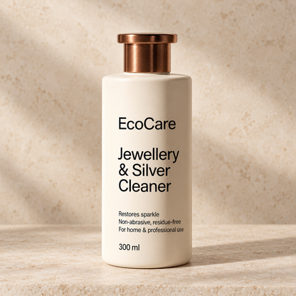 EcoCare Jewellery and Silver Cleaner 300 ml cream bottle with copper cap on a warm ivory studio background