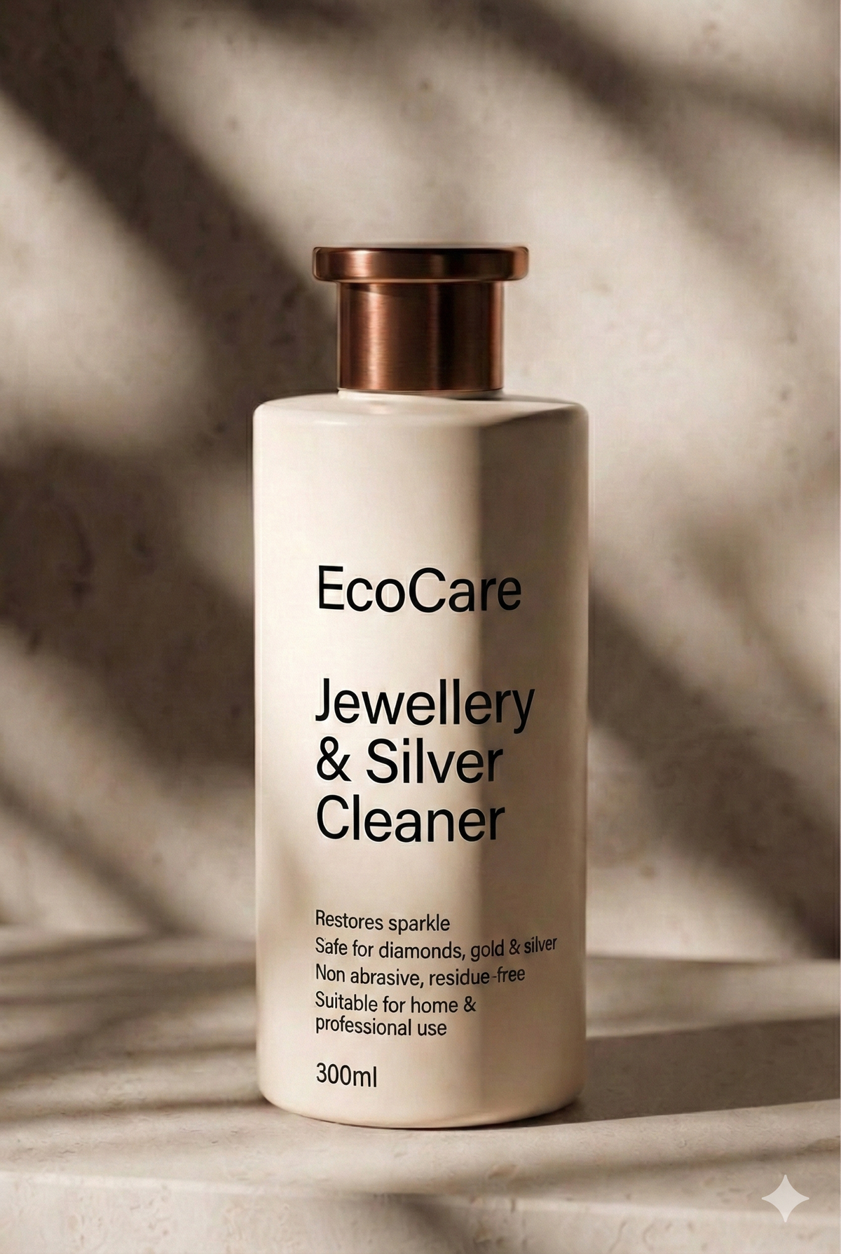 EcoCare Jewellery and Silver Cleaner 300 ml cream bottle with copper cap on a stone surface