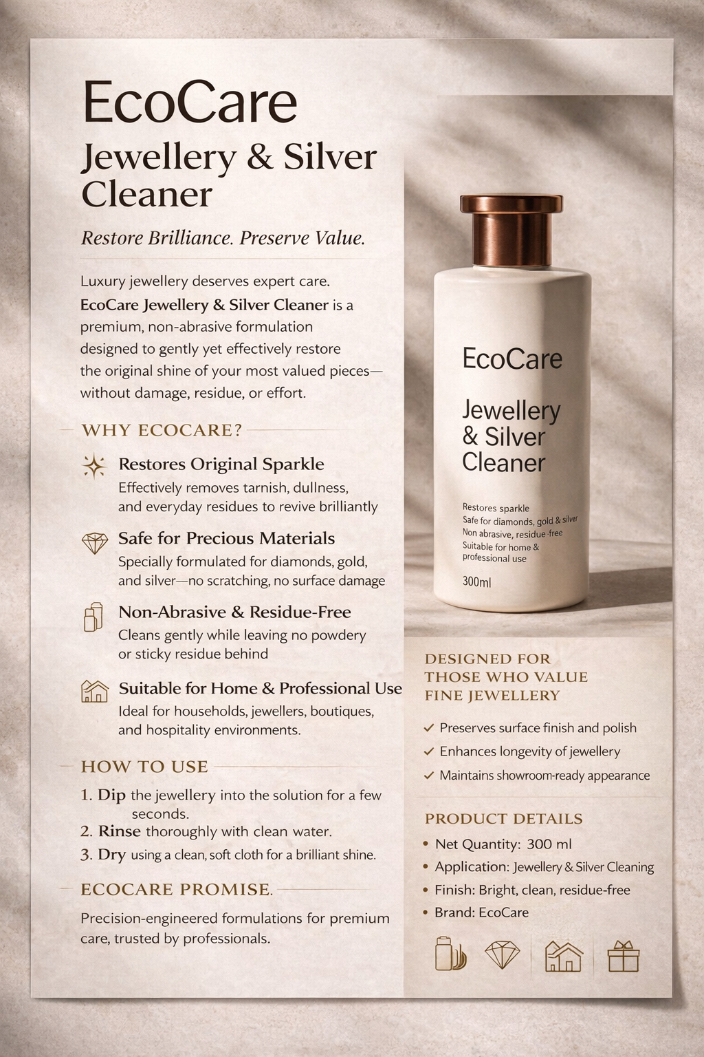 EcoCare Jewellery and Silver Cleaner product benefits, home and professional applications, and dip rinse dry directions