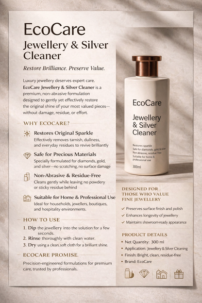 EcoCare Jewellery and Silver Cleaner product benefits, home and professional applications, and dip rinse dry directions