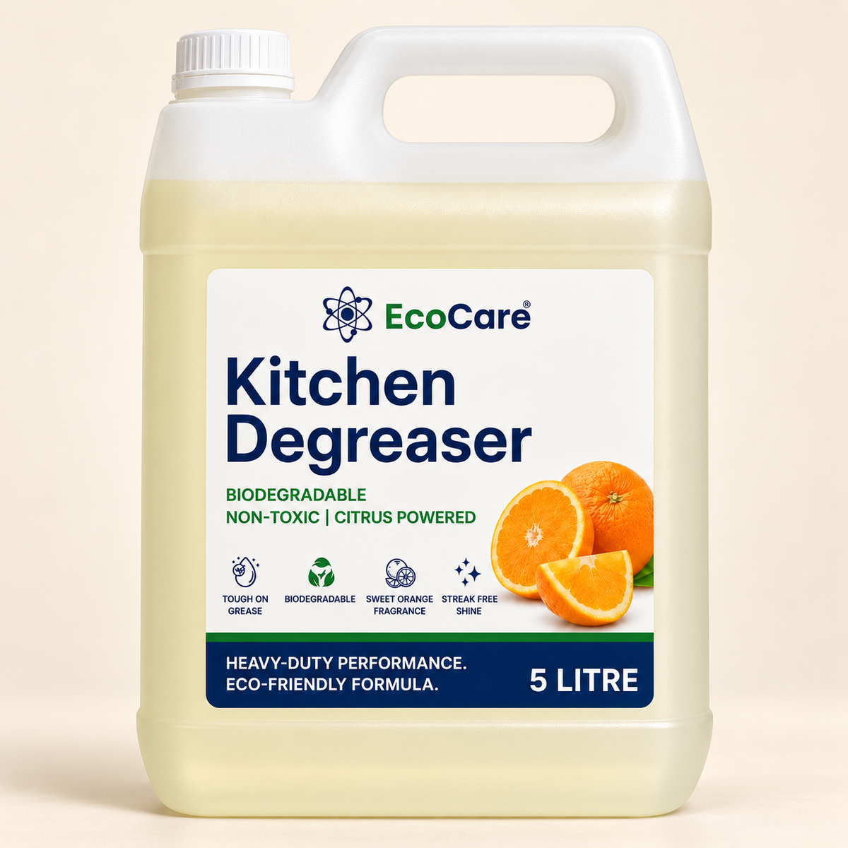 EcoCare Citrus Kitchen Degreaser 5 L on a warm ivory studio background