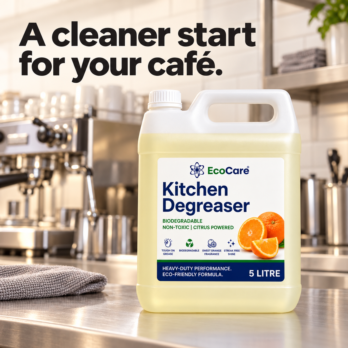 EcoCare Kitchen Degreaser 5 L in a cafe service-area setting