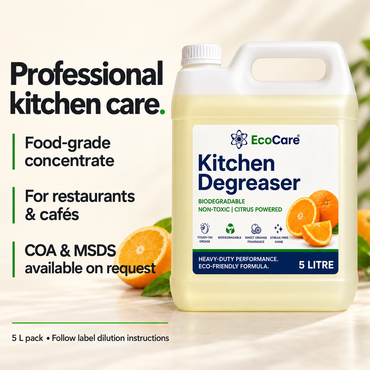 EcoCare food-grade kitchen degreaser concentrate for restaurants and cafes, COA and MSDS available on request