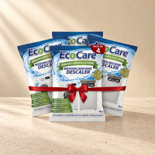 EcoCare Washing Machine Descaler Powder - Pack of 4 on a warm neutral studio background