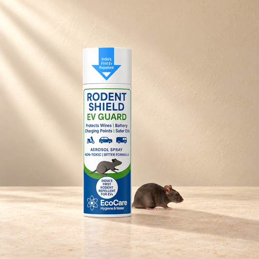 EcoCare Rodent Shield EV Guard Rat Repellent Spray on a warm neutral studio background