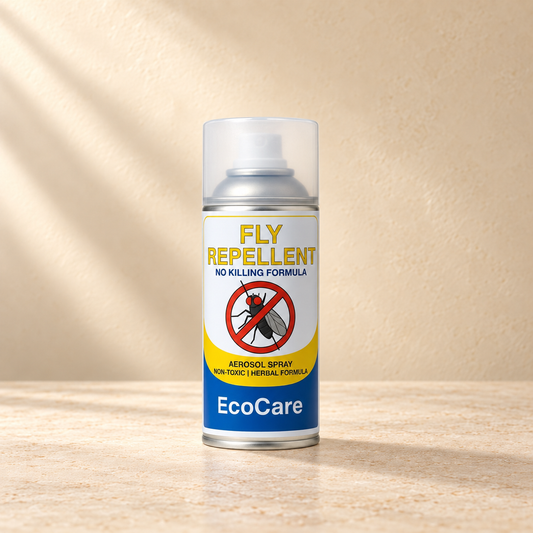 EcoCare Natural Fly Repellent Spray on a warm neutral studio background