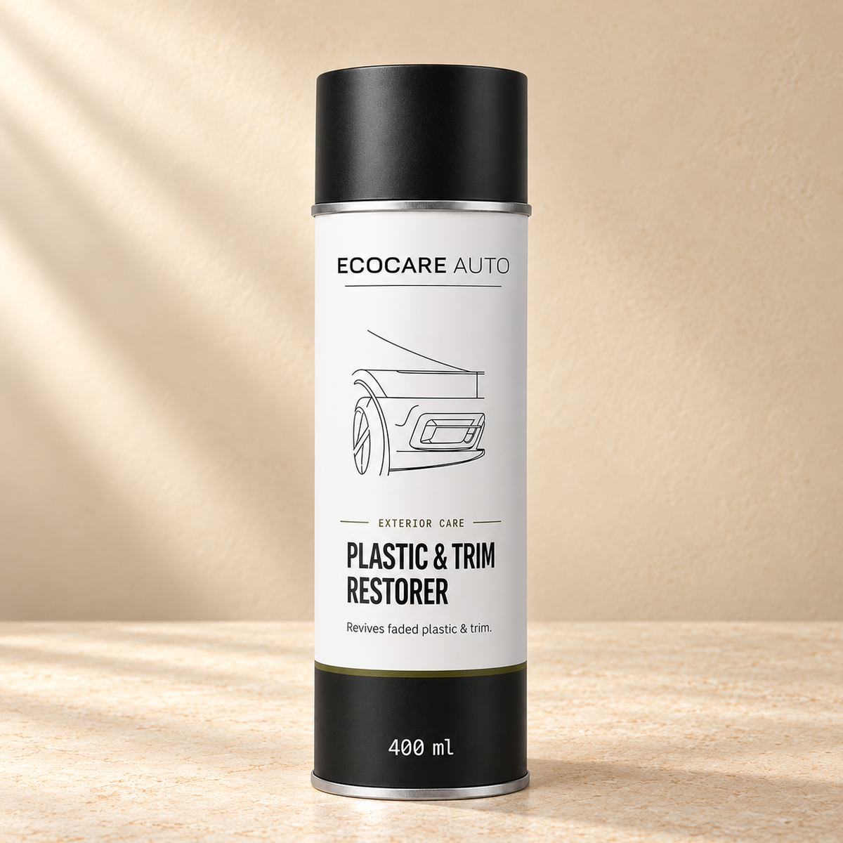 EcoCare Auto Plastic & Rubber Trim Restorer Spray – 400 ml on a warm neutral studio background