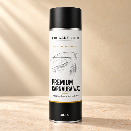 EcoCare Auto Premium Carnauba Wax Car Polish Spray – 400 ml on a warm neutral studio background