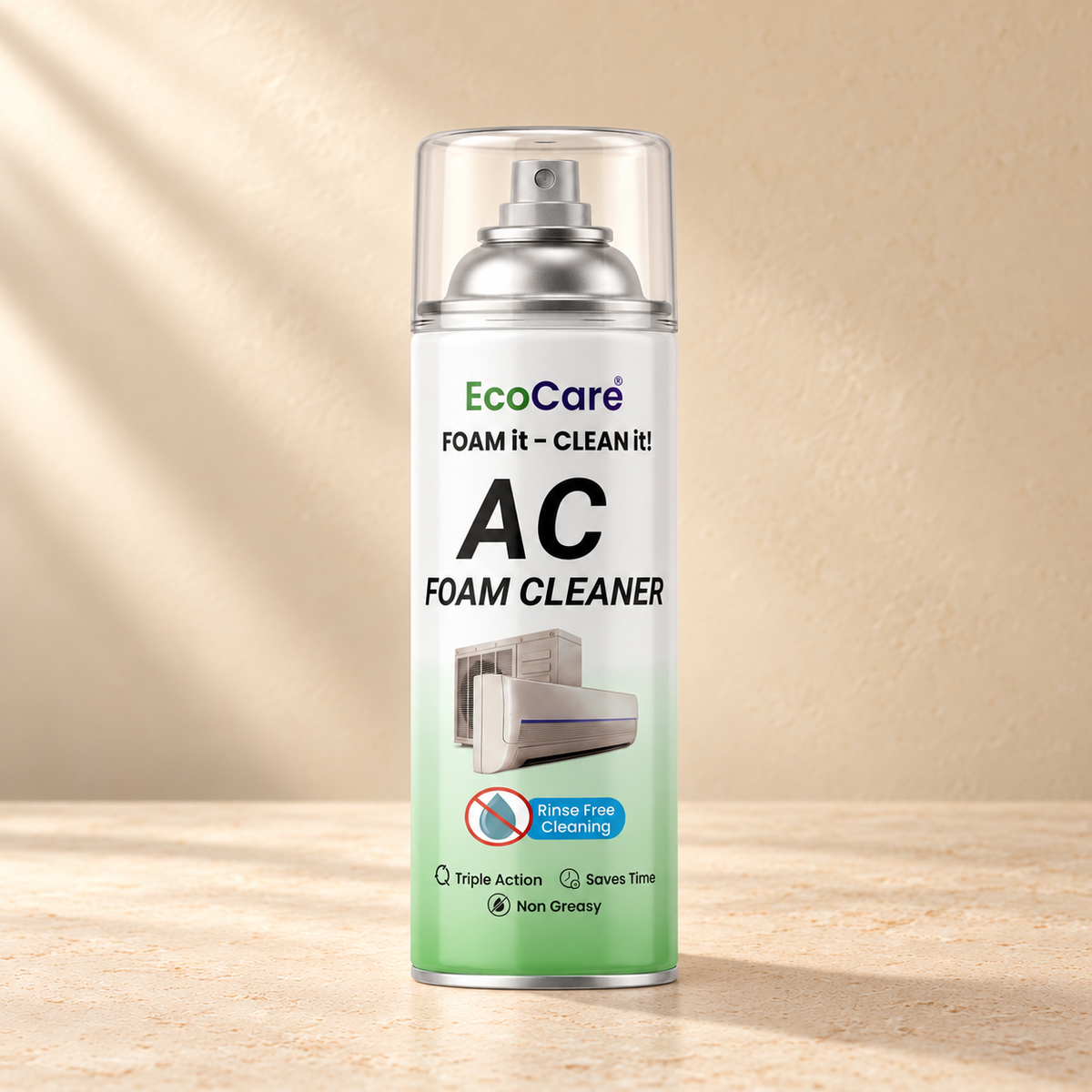 EcoCare AC Foam Cleaner for Split & Window AC - 500 ml on a warm neutral studio background