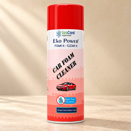 Eko Power Waterless Car Foam Cleaner on a warm neutral studio background