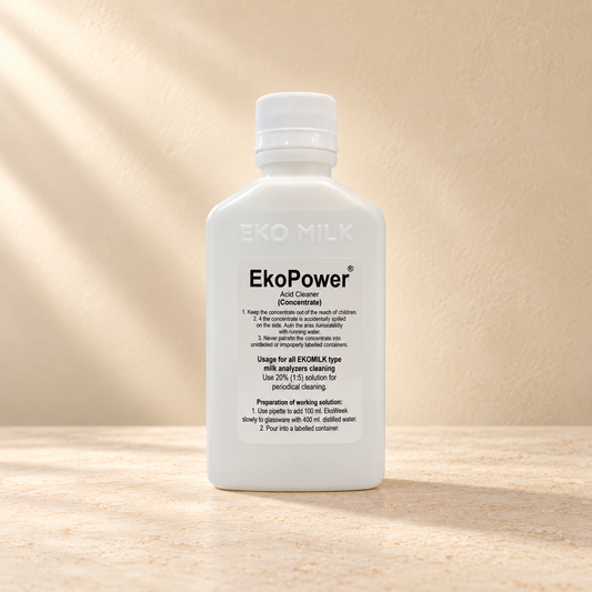 Eko Power Monthly Milk Analyzer Cleaner - 200 ml on a warm neutral studio background