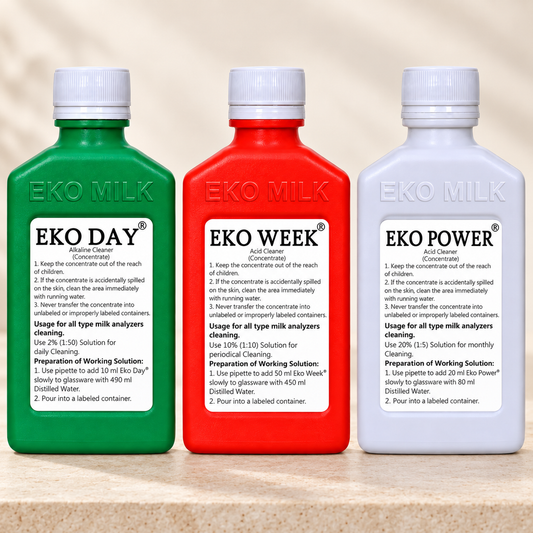 Eko Day, Eko Week and Eko Power bottles with EKO MILK embossing on a warm neutral studio background