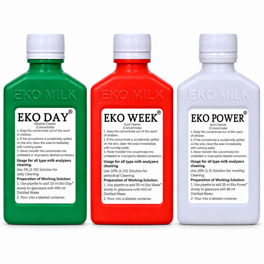 Eko Day, Week and Power bottles with EKO MILK embossing on white