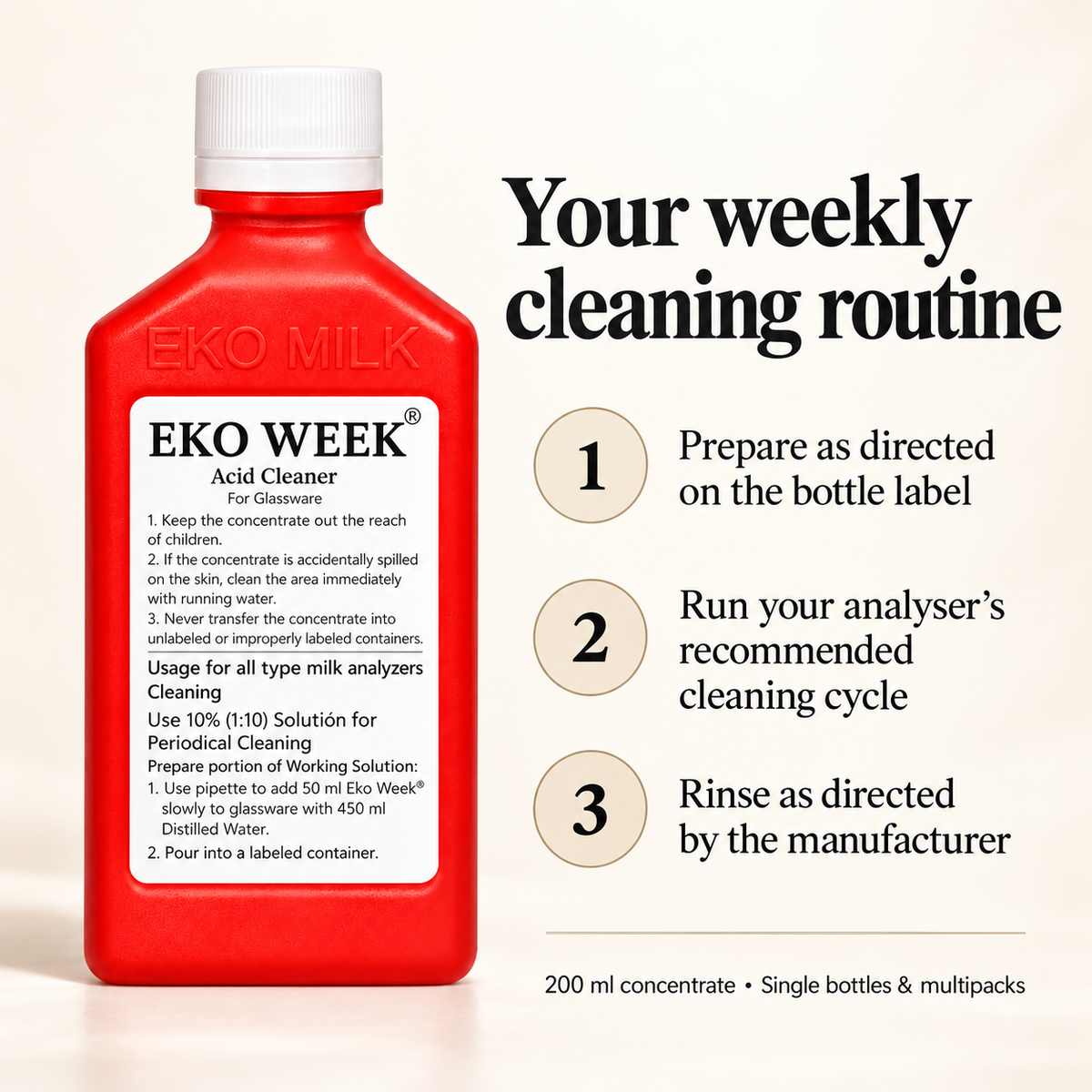 Eko Week red EKO MILK bottle and weekly milk analyser cleaning routine