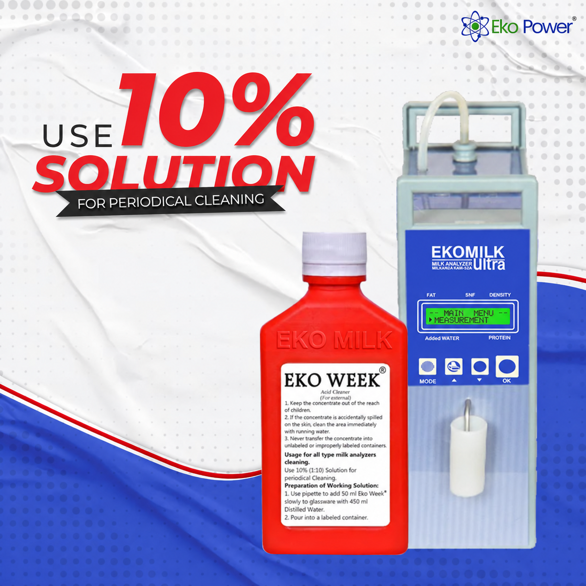Eko Week red bottle with EKO MILK embossed alongside milk analyser machine