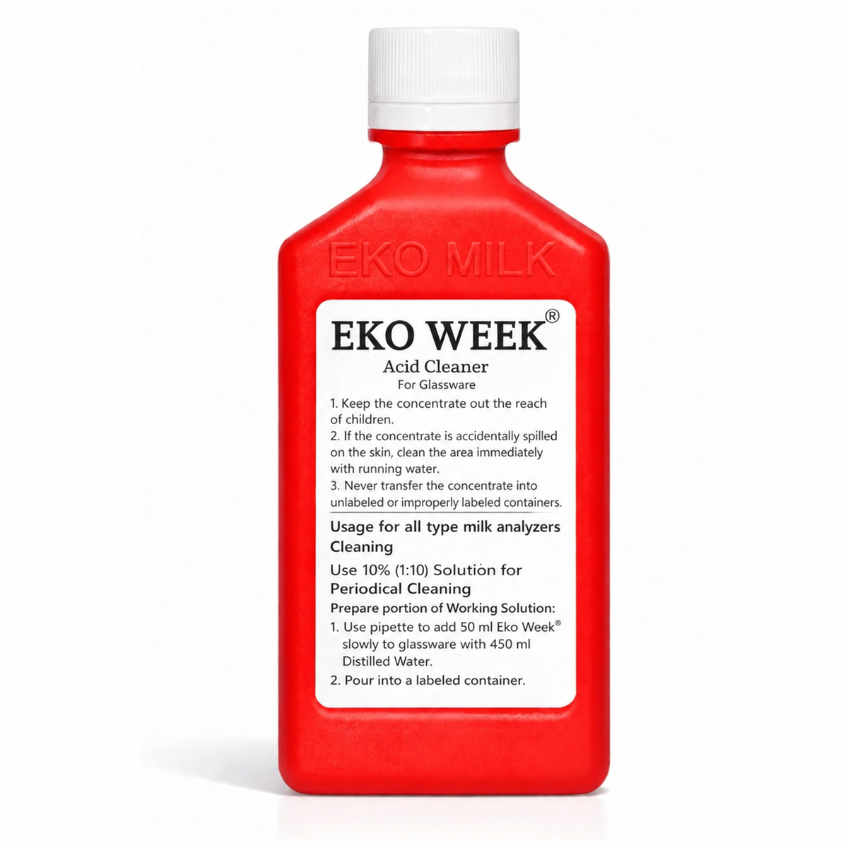 Red Eko Week 200 ml milk analyser cleaner bottle with EKO MILK embossed
