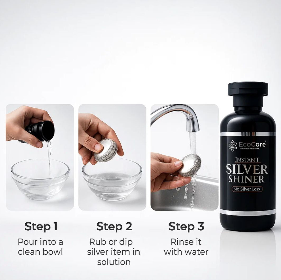 it depicts how to use the product instant silver shiner in three simple steps