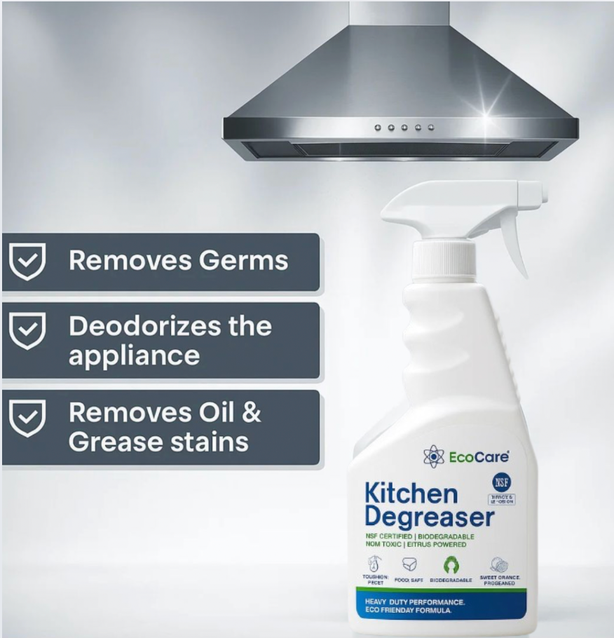 EcoCare Kitchen Degreaser bottle with features listed on a gray background