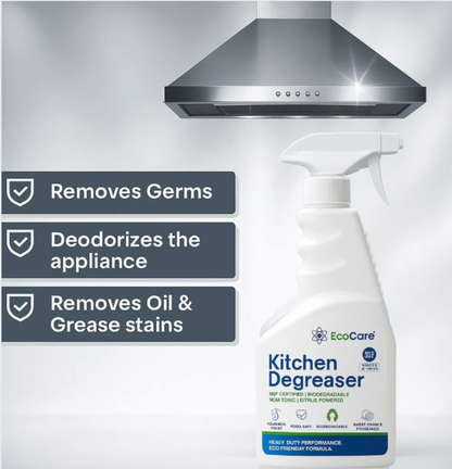 EcoCare Kitchen Degreaser bottle with features listed on a gray background
