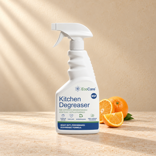 EcoCare Kitchen Degreaser Spray on a warm neutral studio background