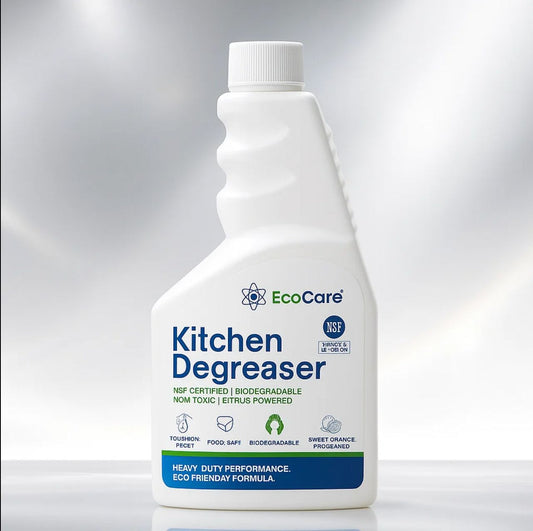 Bottle of EcoCare Kitchen Degreaser on a gray background