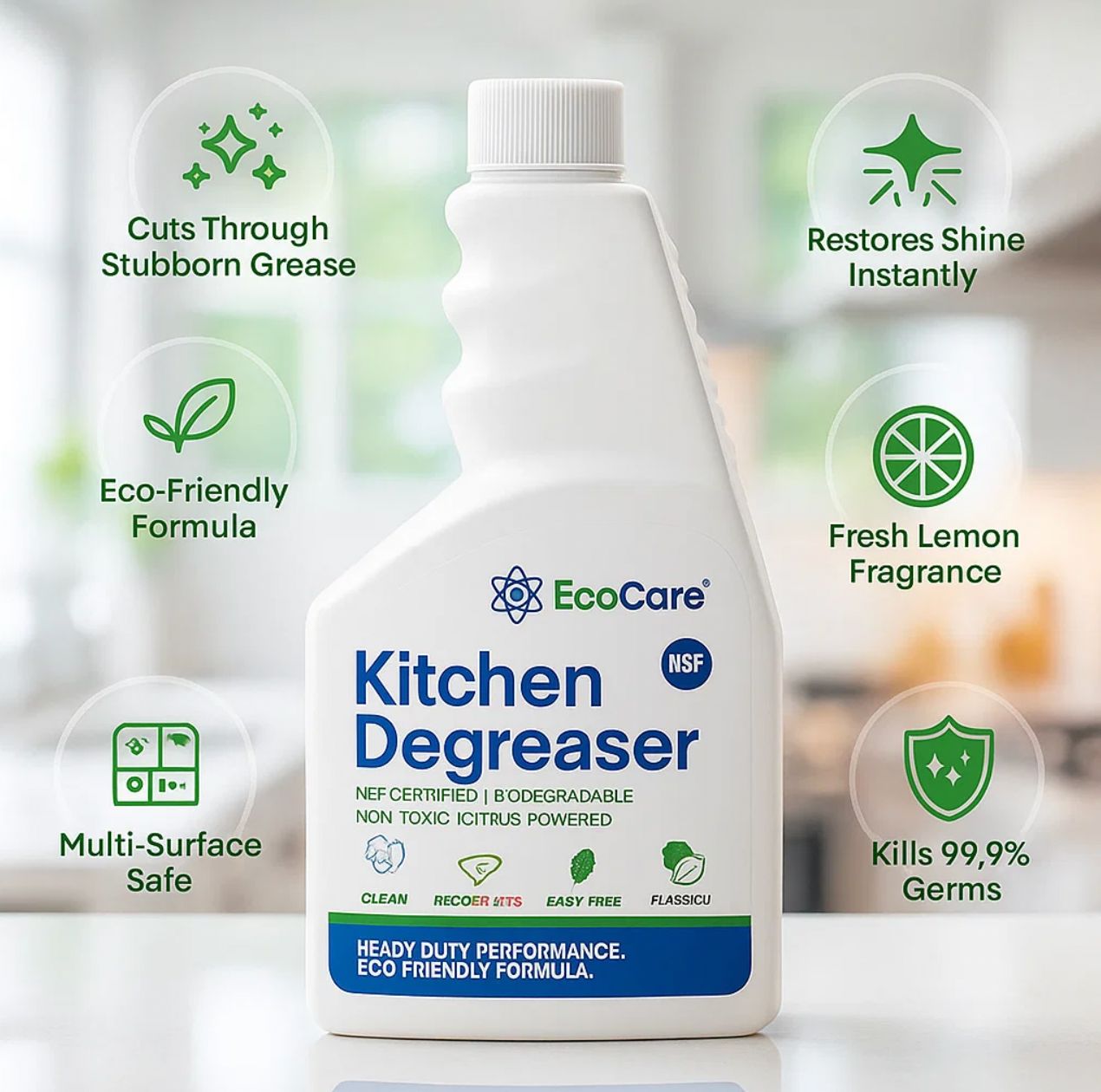 EcoCare Kitchen Degreaser bottle with features listed on a blurred kitchen background